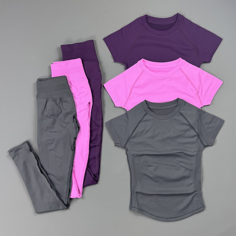 Pilates Yoga Legging - 2-teiliges Fitness-Set für Damen, Raglan-Kurzarm-Sportoberteil, nahtlose