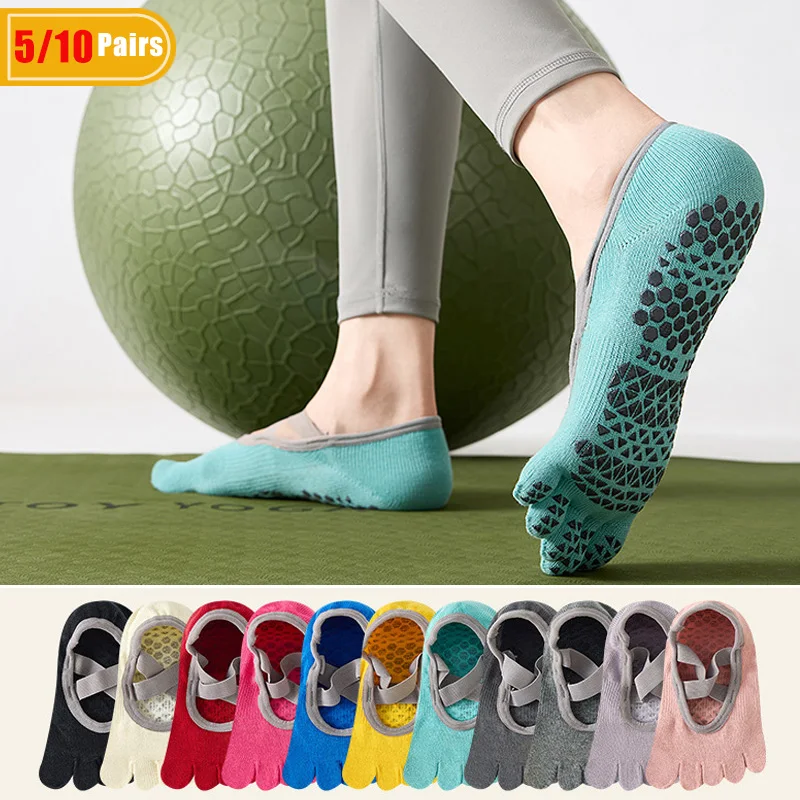 Pilates Is Yoga - 5/10 Paar Damen-Yoga-Zehensocken aus Baumwolle, schweißabsorbierend,